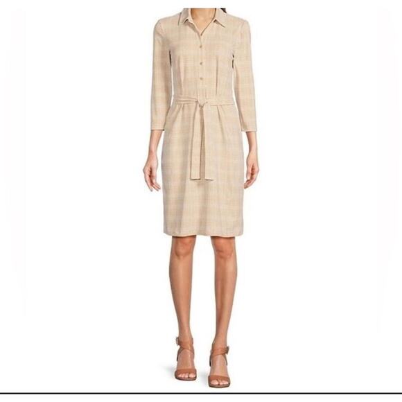 J McLaughlin Dress Women S Tan Mod Matrix Catalina Cloth Calla Shirt 3/4 Sleeve - Picture 1 of 16